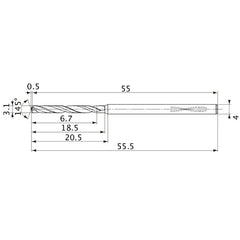 MVS0310X02S040PL DP1020 3.1 mm Dia. × 4 mm Shank × 18.5 mm Flute Length × 55.5 mm OAL, 145°, 2 Flute, Coolant Thru, Solid Carbide Drill