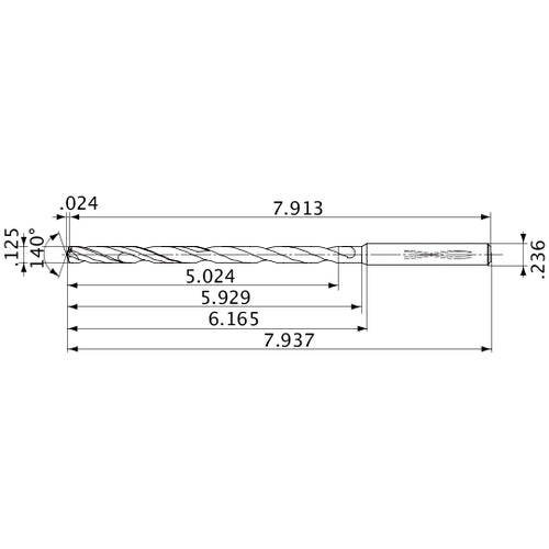 MVS0318X40S060 DP1020 1/8″ Dia. × 0.236″ Shank × 5.929″ Flute Length × 7.937″ OAL, 140°, 2 Flute, Coolant Thru, Solid Carbide Drill