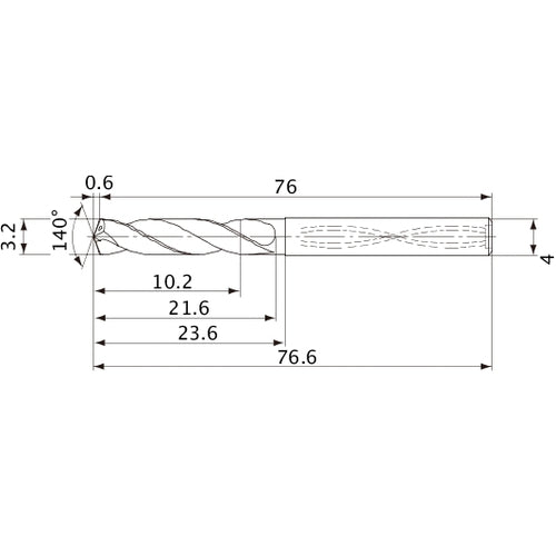 MVS0320X03S040 DP1020 3.2 mm Dia. × 4 mm Shank × 21.6 mm Flute Length × 76.6 mm OAL, 140°, 2 Flute, Coolant Thru, Solid Carbide Drill