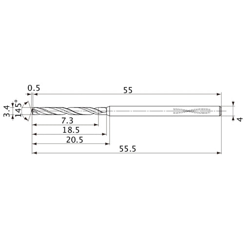 MVS0340X02S040PL DP1020 3.4 mm Dia. × 4 mm Shank × 18.5 mm Flute Length × 55.5 mm OAL, 145°, 2 Flute, Coolant Thru, Solid Carbide Drill