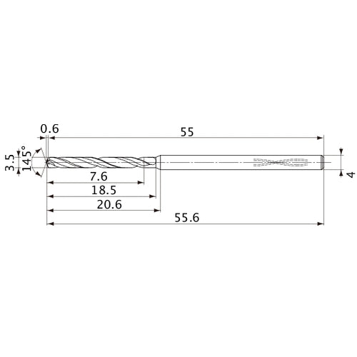 MVS0350X02S040PL DP1020 3.5 mm Dia. × 4 mm Shank × 18.5 mm Flute Length × 55.6 mm OAL, 145°, 2 Flute, Coolant Thru, Solid Carbide Drill