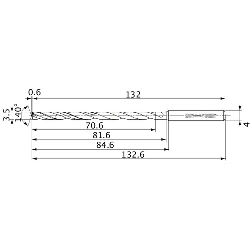 MVS0350X20S040 DP1020 3.5 mm Dia. × 4 mm Shank × 81.6 mm Flute Length × 132.6 mm OAL, 140°, 2 Flute, Coolant Thru, Solid Carbide Drill