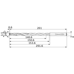 MVS0350X40S040 DP1020 3.5 mm Dia. × 4 mm Shank × 150.6 mm Flute Length × 201.6 mm OAL, 140°, 2 Flute, Coolant Thru, Solid Carbide Drill