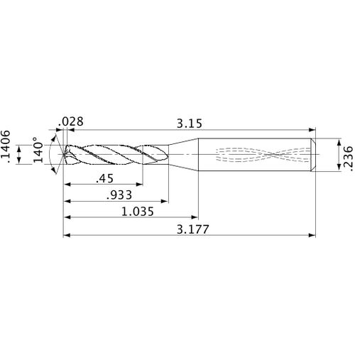 MVS0357X03S060 DP1020 0.1406″ Dia. × 0.236″ Shank × 0.933″ Flute Length × 3.177″ OAL, 140°, 2 Flute, Coolant Thru, Solid Carbide Drill