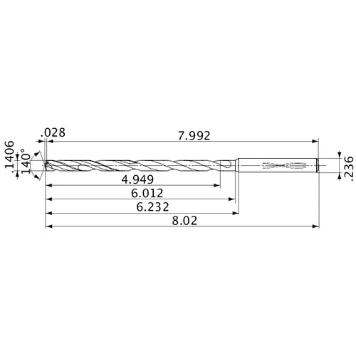 MVS0357X35S060 DP1020 0.1406″ Dia. × 0.236″ Shank × 6.012″ Flute Length × 8.02″ OAL, 140°, 2 Flute, Coolant Thru, Solid Carbide Drill