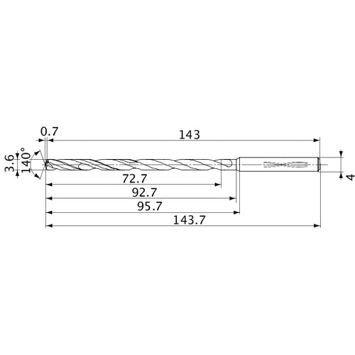 MVS0360X20S040 DP1020 3.6 mm Dia. × 4 mm Shank × 92.7 mm Flute Length × 143.7 mm OAL, 140°, 2 Flute, Coolant Thru, Solid Carbide Drill