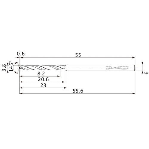 MVS0380X02S060PL DP1020 3.8 mm Dia. × 6 mm Shank × 20.6 mm Flute Length × 55.6 mm OAL, 145°, 2 Flute, Coolant Thru, Solid Carbide Drill