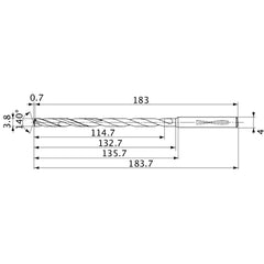 MVS0380X30S040 DP1020 3.8 mm Dia. × 4 mm Shank × 132.7 mm Flute Length × 183.7 mm OAL, 140°, 2 Flute, Coolant Thru, Solid Carbide Drill