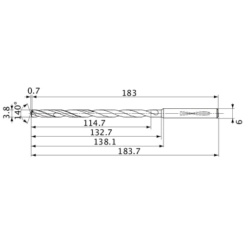 MVS0380X30S060 DP1020 3.8 mm Dia. × 6 mm Shank × 132.7 mm Flute Length × 183.7 mm OAL, 140°, 2 Flute, Coolant Thru, Solid Carbide Drill