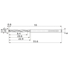 MVS0390X02S060PL DP1020 3.9 mm Dia. × 6 mm Shank × 20.6 mm Flute Length × 55.6 mm OAL, 145°, 2 Flute, Coolant Thru, Solid Carbide Drill