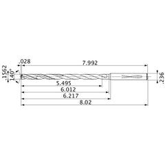 MVS0397X35S060 DP1020 0.1562″ Dia. × 0.236″ Shank × 6.012″ Flute Length × 8.02″ OAL, 140°, 2 Flute, Coolant Thru, Solid Carbide Drill