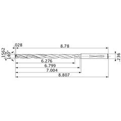 MVS0397X40S060 DP1020 0.1562″ Dia. × 0.236″ Shank × 6.799″ Flute Length × 8.807″ OAL, 140°, 2 Flute, Coolant Thru, Solid Carbide Drill