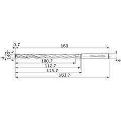 MVS0400X25S040 DP1020 4 mm Dia. × 4 mm Shank × 112.7 mm Flute Length × 163.7 mm OAL, 140°, 2 Flute, Coolant Thru, Solid Carbide Drill