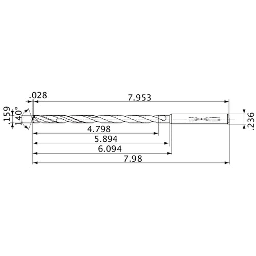 MVS0404X30S060 DP1020 0.159″ Dia. × 0.236″ Shank × 5.894″ Flute Length × 7.98″ OAL, 140°, 2 Flute, Coolant Thru, Solid Carbide Drill