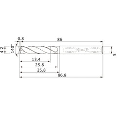 MVS0420X03S050 DP1020 4.2 mm Dia. × 5 mm Shank × 25.8 mm Flute Length × 86.8 mm OAL, 140°, 2 Flute, Coolant Thru, Solid Carbide Drill