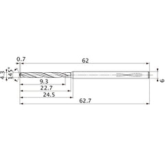 MVS0430X02S060PL DP1020 4.3 mm Dia. × 6 mm Shank × 22.7 mm Flute Length × 62.7 mm OAL, 145°, 2 Flute, Coolant Thru, Solid Carbide Drill