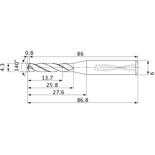 MVS0430X03S060 DP1020 4.3 mm Dia. × 6 mm Shank × 25.8 mm Flute Length × 86.8 mm OAL, 140°, 2 Flute, Coolant Thru, Solid Carbide Drill