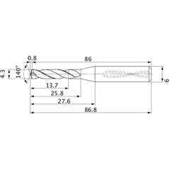 MVS0430X03S060 DP1020 4.3 mm Dia. × 6 mm Shank × 25.8 mm Flute Length × 86.8 mm OAL, 140°, 2 Flute, Coolant Thru, Solid Carbide Drill