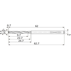 MVS0450X02S050PL DP1020 4.5 mm Dia. × 5 mm Shank × 22.7 mm Flute Length × 62.7 mm OAL, 145°, 2 Flute, Coolant Thru, Solid Carbide Drill