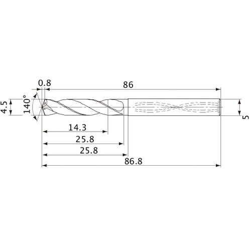MVS0450X03S050 DP1020 4.5 mm Dia. × 5 mm Shank × 25.8 mm Flute Length × 86.8 mm OAL, 140°, 2 Flute, Coolant Thru, Solid Carbide Drill