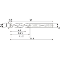 MVS0460X03S060 DP1020 4.6 mm Dia. × 6 mm Shank × 28.3 mm Flute Length × 90.8 mm OAL, 140°, 2 Flute, Coolant Thru, Solid Carbide Drill