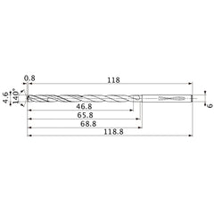 MVS0460X10S060 DP1020 4.6 mm Dia. × 6 mm Shank × 65.8 mm Flute Length × 118.8 mm OAL, 140°, 2 Flute, Coolant Thru, Solid Carbide Drill