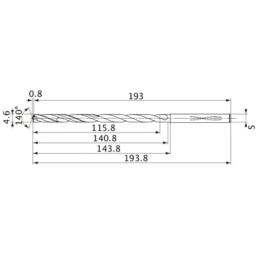 MVS0460X25S050 DP1020 4.6 mm Dia. × 5 mm Shank × 140.8 mm Flute Length × 193.8 mm OAL, 140°, 2 Flute, Coolant Thru, Solid Carbide Drill