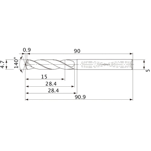 MVS0470X03S050 DP1020 4.7 mm Dia. × 5 mm Shank × 28.4 mm Flute Length × 90.9 mm OAL, 140°, 2 Flute, Coolant Thru, Solid Carbide Drill