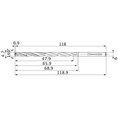 MVS0470X10S060 DP1020 4.7 mm Dia. × 6 mm Shank × 65.9 mm Flute Length × 118.9 mm OAL, 140°, 2 Flute, Coolant Thru, Solid Carbide Drill