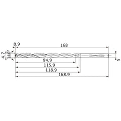 MVS0470X20S050 DP1020 4.7 mm Dia. × 5 mm Shank × 115.9 mm Flute Length × 168.9 mm OAL, 140°, 2 Flute, Coolant Thru, Solid Carbide Drill