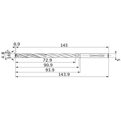 MVS0480X15S050 DP1020 4.8 mm Dia. × 5 mm Shank × 90.9 mm Flute Length × 143.9 mm OAL, 140°, 2 Flute, Coolant Thru, Solid Carbide Drill