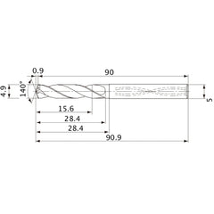 MVS0490X03S050 DP1020 4.9 mm Dia. × 5 mm Shank × 28.4 mm Flute Length × 90.9 mm OAL, 140°, 2 Flute, Coolant Thru, Solid Carbide Drill