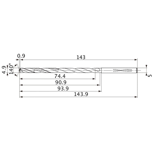 MVS0490X15S050 DP1020 4.9 mm Dia. × 5 mm Shank × 90.9 mm Flute Length × 143.9 mm OAL, 140°, 2 Flute, Coolant Thru, Solid Carbide Drill