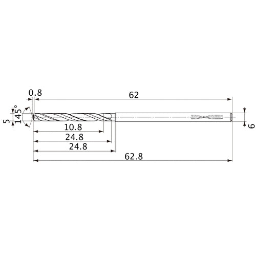 MVS0500X02S060PL DP1020 5 mm Dia. × 6 mm Shank × 24.8 mm Flute Length × 62.8 mm OAL, 145°, 2 Flute, Coolant Thru, Solid Carbide Drill