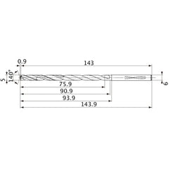 MVS0500X15S060 DP1020 5 mm Dia. × 6 mm Shank × 90.9 mm Flute Length × 143.9 mm OAL, 140°, 2 Flute, Coolant Thru, Solid Carbide Drill