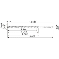 MVS0516X35S060 DP1020 0.2031″ Dia. × 0.236″ Shank × 8.264″ Flute Length × 10.429″ OAL, 140°, 2 Flute, Coolant Thru, Solid Carbide Drill