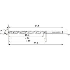 MVS0530X30S060 DP1020 5.3 mm Dia. × 6 mm Shank × 183 mm Flute Length × 238 mm OAL, 140°, 2 Flute, Coolant Thru, Solid Carbide Drill