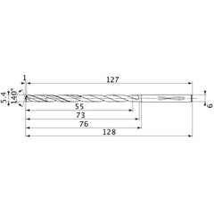 MVS0540X10S060 DP1020 5.4 mm Dia. × 6 mm Shank × 73 mm Flute Length × 128 mm OAL, 140°, 2 Flute, Coolant Thru, Solid Carbide Drill