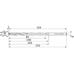 MVS0540X15S060 DP1020 5.4 mm Dia. × 6 mm Shank × 100 mm Flute Length × 155 mm OAL, 140°, 2 Flute, Coolant Thru, Solid Carbide Drill