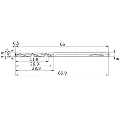 MVS0550X02S060PL DP1020 5.5 mm Dia. × 6 mm Shank × 26.9 mm Flute Length × 66.9 mm OAL, 145°, 2 Flute, Coolant Thru, Solid Carbide Drill