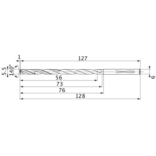 MVS0550X10S060 DP1020 5.5 mm Dia. × 6 mm Shank × 73 mm Flute Length × 128 mm OAL, 140°, 2 Flute, Coolant Thru, Solid Carbide Drill