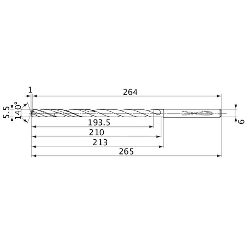 MVS0550X35S060 DP1020 5.5 mm Dia. × 6 mm Shank × 210 mm Flute Length × 265 mm OAL, 140°, 2 Flute, Coolant Thru, Solid Carbide Drill