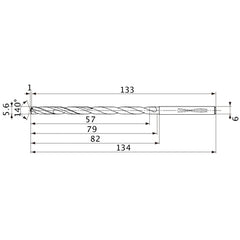 MVS0560X10S060 DP1020 5.6 mm Dia. × 6 mm Shank × 79 mm Flute Length × 134 mm OAL, 140°, 2 Flute, Coolant Thru, Solid Carbide Drill
