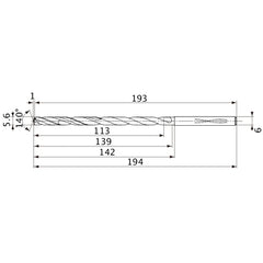 MVS0560X20S060 DP1020 5.6 mm Dia. × 6 mm Shank × 139 mm Flute Length × 194 mm OAL, 140°, 2 Flute, Coolant Thru, Solid Carbide Drill