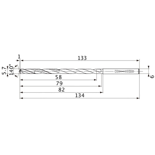 MVS0570X10S060 DP1020 5.7 mm Dia. × 6 mm Shank × 79 mm Flute Length × 134 mm OAL, 140°, 2 Flute, Coolant Thru, Solid Carbide Drill