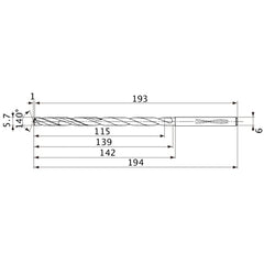 MVS0570X20S060 DP1020 5.7 mm Dia. × 6 mm Shank × 139 mm Flute Length × 194 mm OAL, 140°, 2 Flute, Coolant Thru, Solid Carbide Drill
