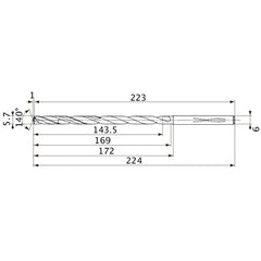 MVS0570X25S060 DP1020 5.7 mm Dia. × 6 mm Shank × 169 mm Flute Length × 224 mm OAL, 140°, 2 Flute, Coolant Thru, Solid Carbide Drill