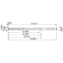 MVS0595X15S060 DP1020 0.2344″ Dia. × 0.236″ Shank × 4.295″ Flute Length × 6.461″ OAL, 140°, 2 Flute, Coolant Thru, Solid Carbide Drill