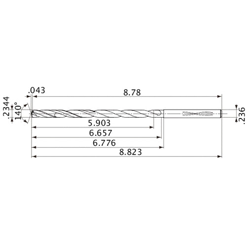 MVS0595X25S060 DP1020 0.2344″ Dia. × 0.236″ Shank × 6.657″ Flute Length × 8.823″ OAL, 140°, 2 Flute, Coolant Thru, Solid Carbide Drill