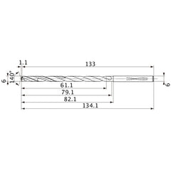 MVS0600X10S060 DP1020 6 mm Dia. × 6 mm Shank × 79.1 mm Flute Length × 134.1 mm OAL, 140°, 2 Flute, Coolant Thru, Solid Carbide Drill